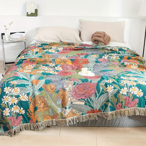 Couvre-lit patchwork avec broderie florale et franges