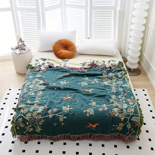 Couvre-lit brodé de motifs d'oiseaux et de fleurs, réversible avec franges