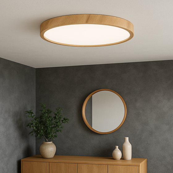 Lampa sufitowa LED, okrągła z pilotem i drewnianą ramą