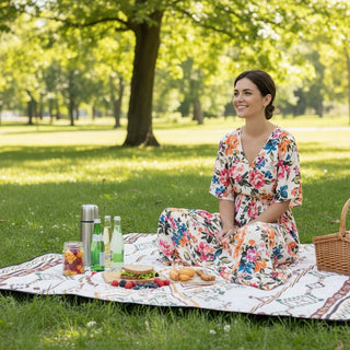 Outdoor picnic blanket with handle, foldable