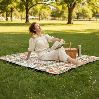 Outdoor picnic blanket with handle, foldable