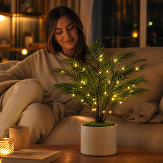 Lampe de table design feuilles de palmier avec petites lumières dorées scintillantes