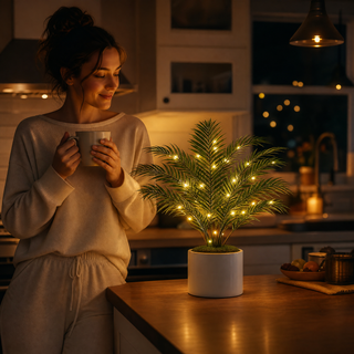 Lampe de table design feuilles de palmier avec petites lumières dorées scintillantes