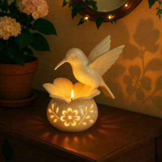 Bougeoir pour bougies chauffe-plat design colibri avec scintillement doré chaud