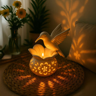 Bougeoir pour bougies chauffe-plat design colibri avec scintillement doré chaud