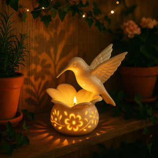 Bougeoir pour bougies chauffe-plat design colibri avec scintillement doré chaud