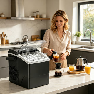 Commercial dual-use ice cube maker with transparent lid design, efficient cooling, durable, ideal for restaurants and bars, perfect for office kitchens