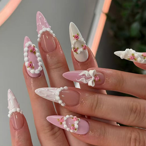Baby boomer nails with 3D floral decorations