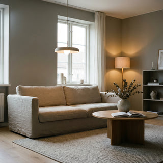 Béžová látková pohovka u okna s kulatým dřevěným konferenčním stolkem, na kterém leží otevřená kniha a váza s větvemi.