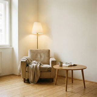 Béžové křeslo s přehozenou dekou vedle kulatého dřevěného stolku, na kterém je hrnek a otevřená kniha.