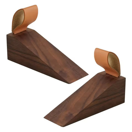 Wooden door stop with leather loop