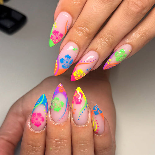 Colorful neon press-on nails with a floral pattern