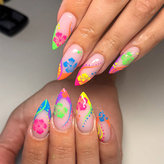 Press on nails, almond shape with neon floral design