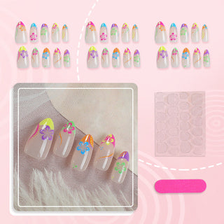 Colorful neon press-on nails with a floral pattern
