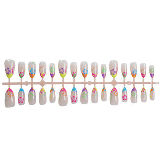 Colorful neon press-on nails with a floral pattern