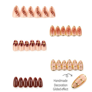 Press-on nails with rhinestones, an ombré effect, and various shapes