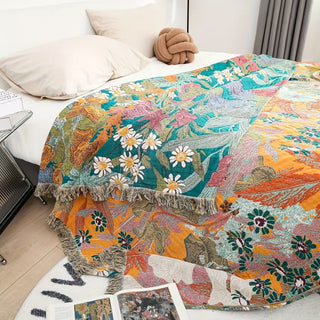 Couvre-lit patchwork avec broderie florale et franges