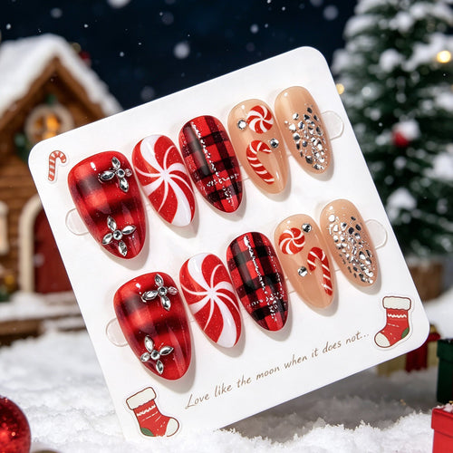 Christmas nails with rhinestones and festive designs, press on