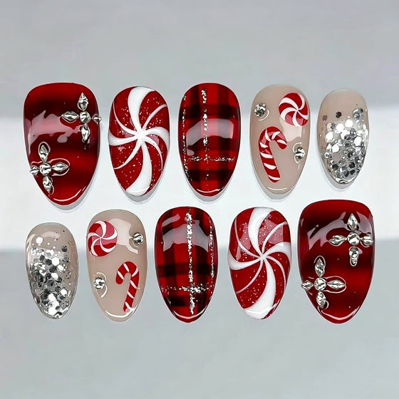 Christmas Press-On Nails with Rhinestones
