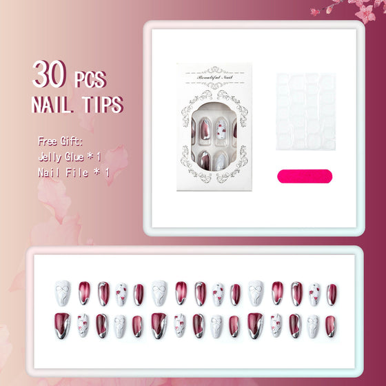 Press on nails with chrome effect and floral design, set