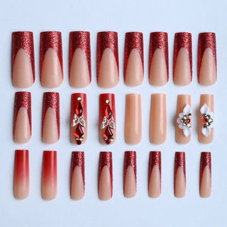 Burgundy press-on nails with 3D flowers and rhinestones