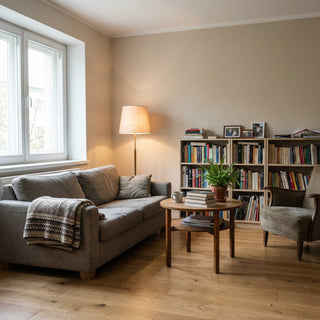 Šedá látková pohovka s přehozenou dekou stojí u kulatého dřevěného stolku s knihami a hrnkem, za kterým je knihovna plná knih.