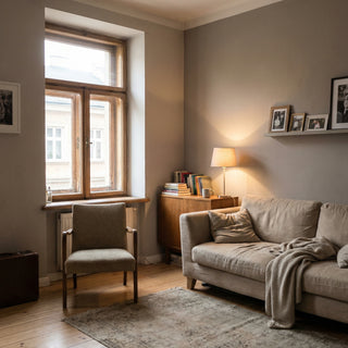 Sedačka s polštáři a přehozenou dekou stojí vedle křesla u okna, za nimiž je dřevěná skříňka se stolní lampou a nástěnná police s fotografiemi.