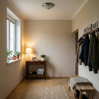 Vstupní chodba s dřevěnou konzolou se stolní lampou a květinami, vedle níž stojí lavice s přehozenou dekou a věšákem na kabáty.